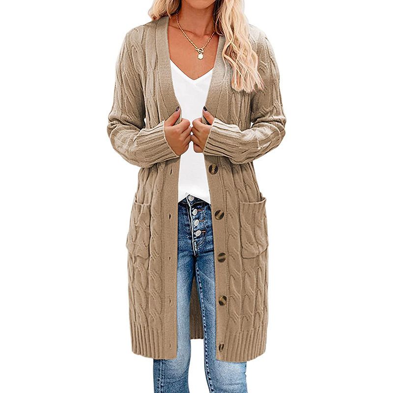 Autumn Winter 2024 New Long Cable Knit Sweater For Women Solid Color Button Pocket Cardigan Coat_voghion.com