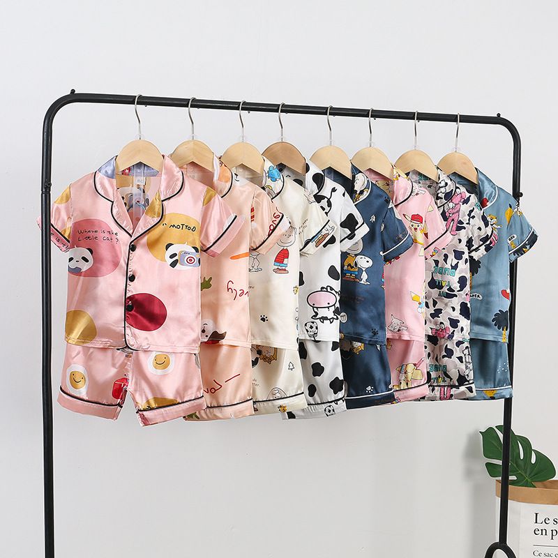 Novedades de verano para niños y niñas, pijamas tipo cárdigan con dibujos animados, pantalones cortos de seda helada para bebés, ropa de casa para niños, traje._voghion.com
