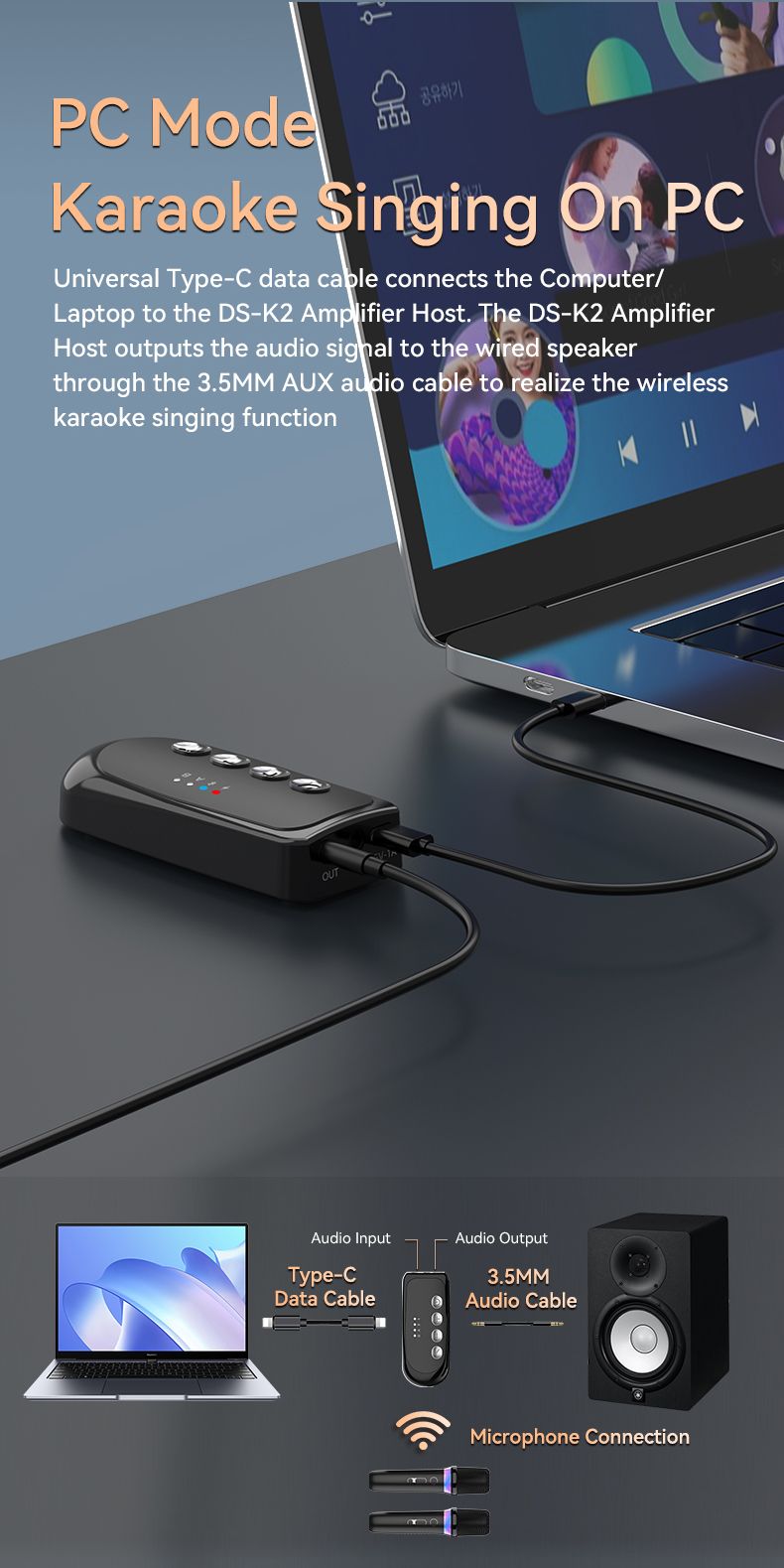 Karaoke Bluetooth 5.3 vezeték nélküli mikrofon RGB színes fény DSP keverőrendszer 3,5 mm-es C típusú HIFI sztereó vezetékes rendszerhez_voghion.com