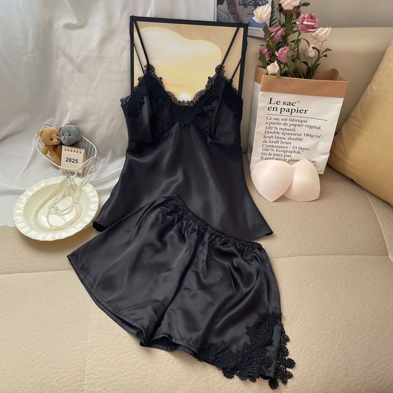 Underwear & Sleepwears Sexy Padded Camisole Sleepwear Set - Summer Satin Lace Bralette & Shorts Two-Piece Outfit For Women, Comfortable Lounge Wear_voghion.com