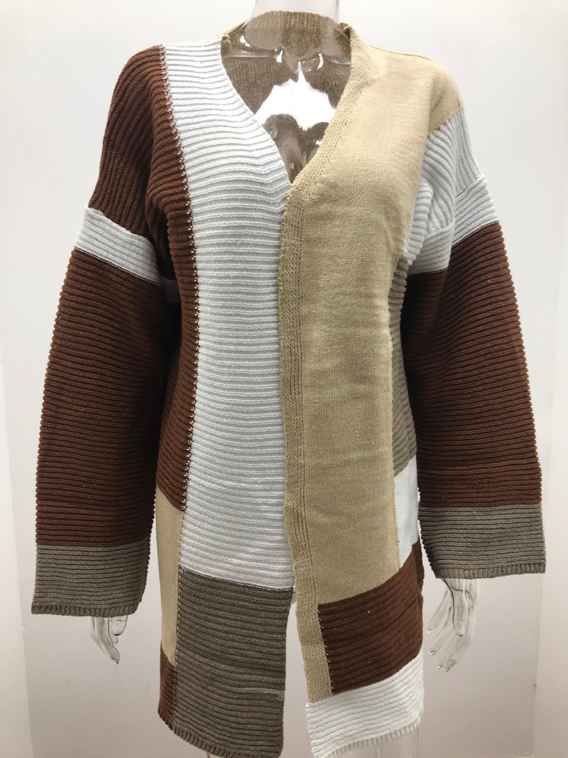 Women's large size loose geometric color matching sweater cardigan_voghion.com