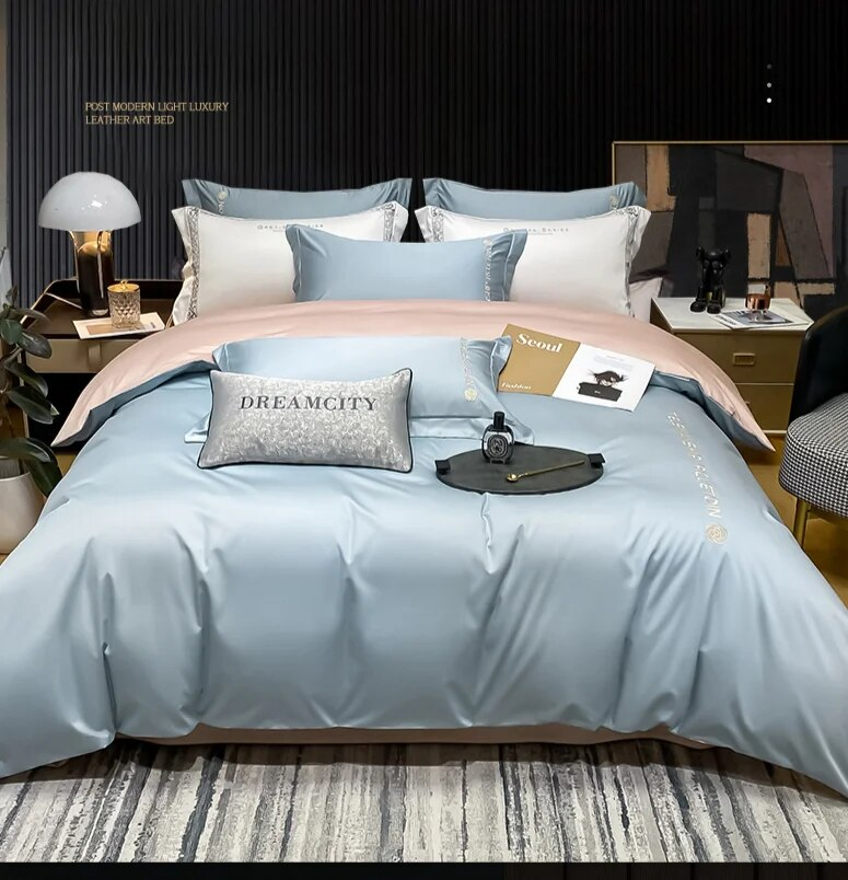 Set de patru piese din mătase spălată, model european neted și nud, cearșafuri de pat de vară, huse de pilotă, mătase, model nordic_voghion.com
