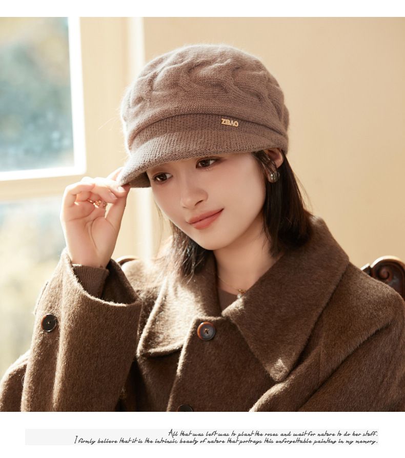 Rabbit Fur Blend Knitted Earflap For Women, Elegant Stylish Autumn And Winter Woolen Duckbill Cap, Face Slimming_voghion.com