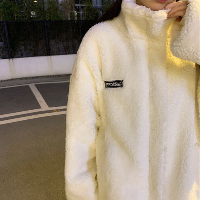 Women's Fleece-Lined Puffer Jacket With Stand Collar & Letter Print (White, S-2XL)_voghion.com