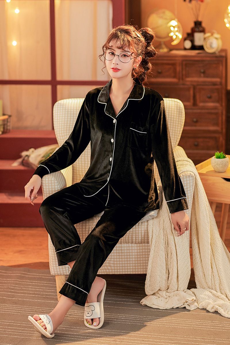 New Autumn And Winter Couple Pajamas Long Sleeved Solid Color Lapel Gold Velvet Korean Version Simple And Fashionable Plus Size Home Suit Set1_voghion.com