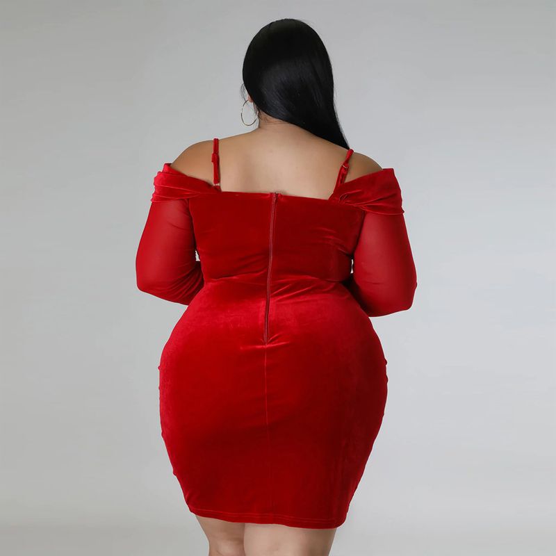 Women's Clothing large size velvet fabric dress Sexy V-neck hip-hugging large size dress see-through long sleeves_voghion.com