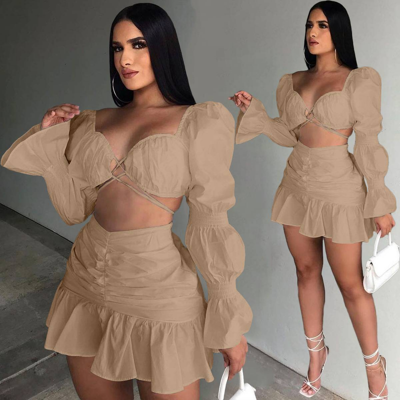 Ensemble 2 pièces sexy pour femme, tenue de festival, haut court à manches bouffantes et mini-jupe à volants, tenue de club, tenue de soirée assortie_voghion.com