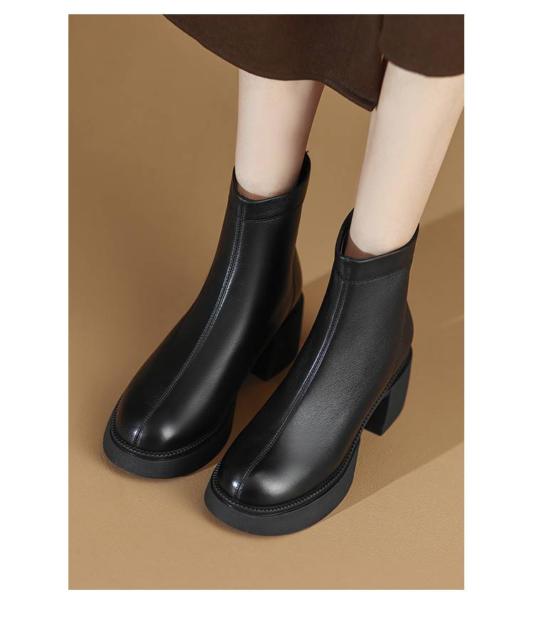 cameido Simple thick-soled ankle boots for petite women, with chunky heels and a rear zipper, fashion boots_voghion.com