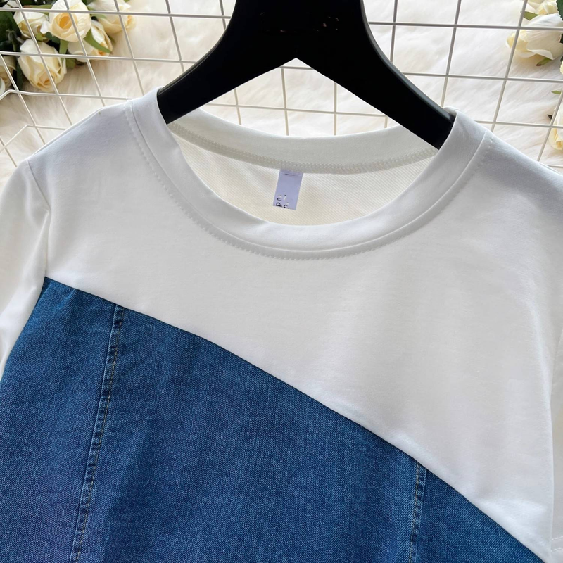 Abbigliamento da donna, design retrò, versatile maglietta a maniche corte con colori a contrasto, jeans casual a vita alta_voghion.com