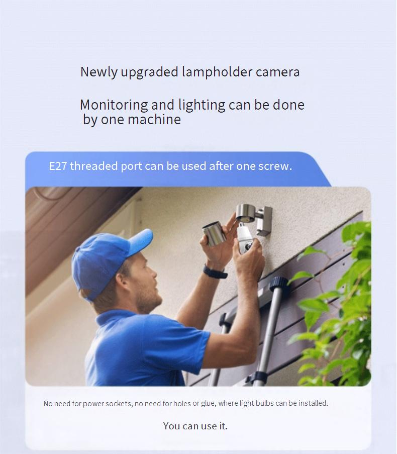 Cámara de seguridad inteligente con bombilla - Vigilancia PTZ WiFi 2K con visión nocturna dual (rotación de 360°, visualización remota y seguimiento de movimiento)_voghion.com