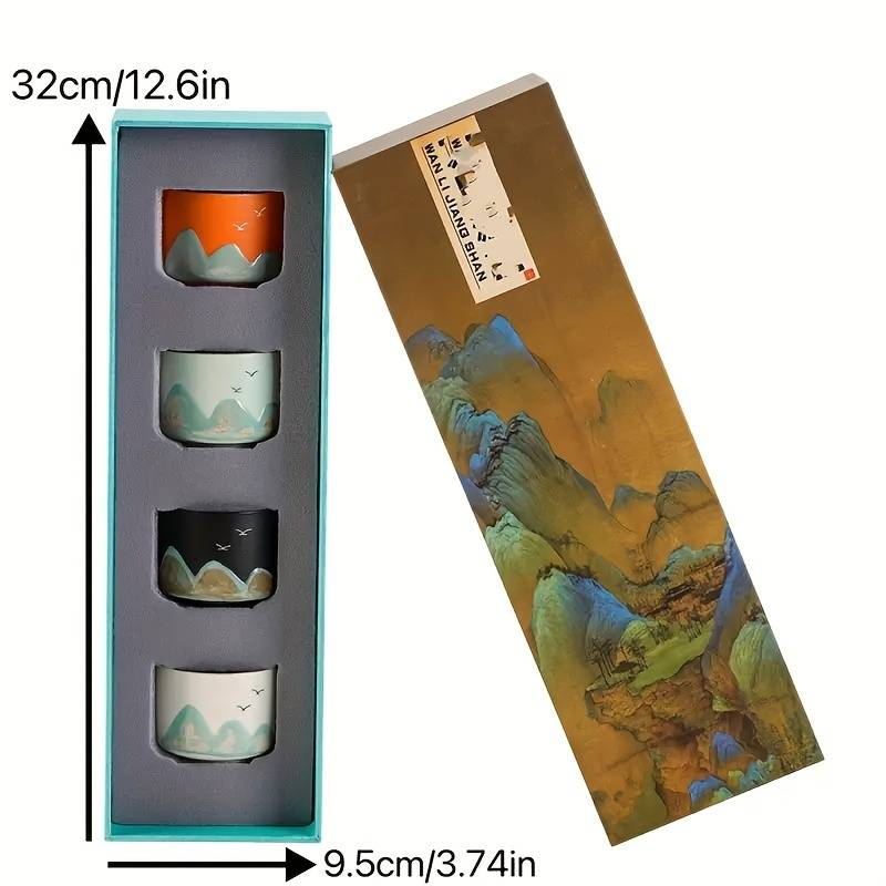 4-teiliges Teetassen-Set, Familienliebe, Teetasse im chinesischen Landschaftsmalerei-Stil, Kung-Fu-Teetasse, Vatertagsgeschenk_voghion.com