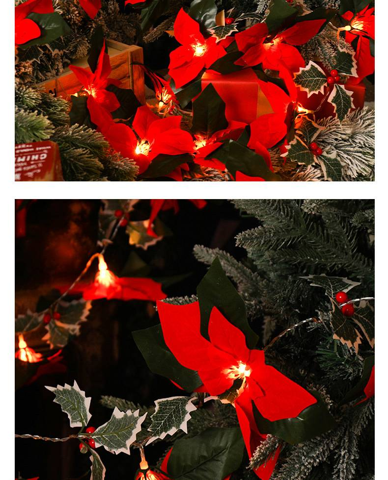 Cordão de Luzes de LED em Forma de Poinsétia – Decoração de Natal com 3M/20 LEDs, a pilhas, com pétalas de tecido inquebráveis (IP42, Branco Quente 2800K)_voghion.com