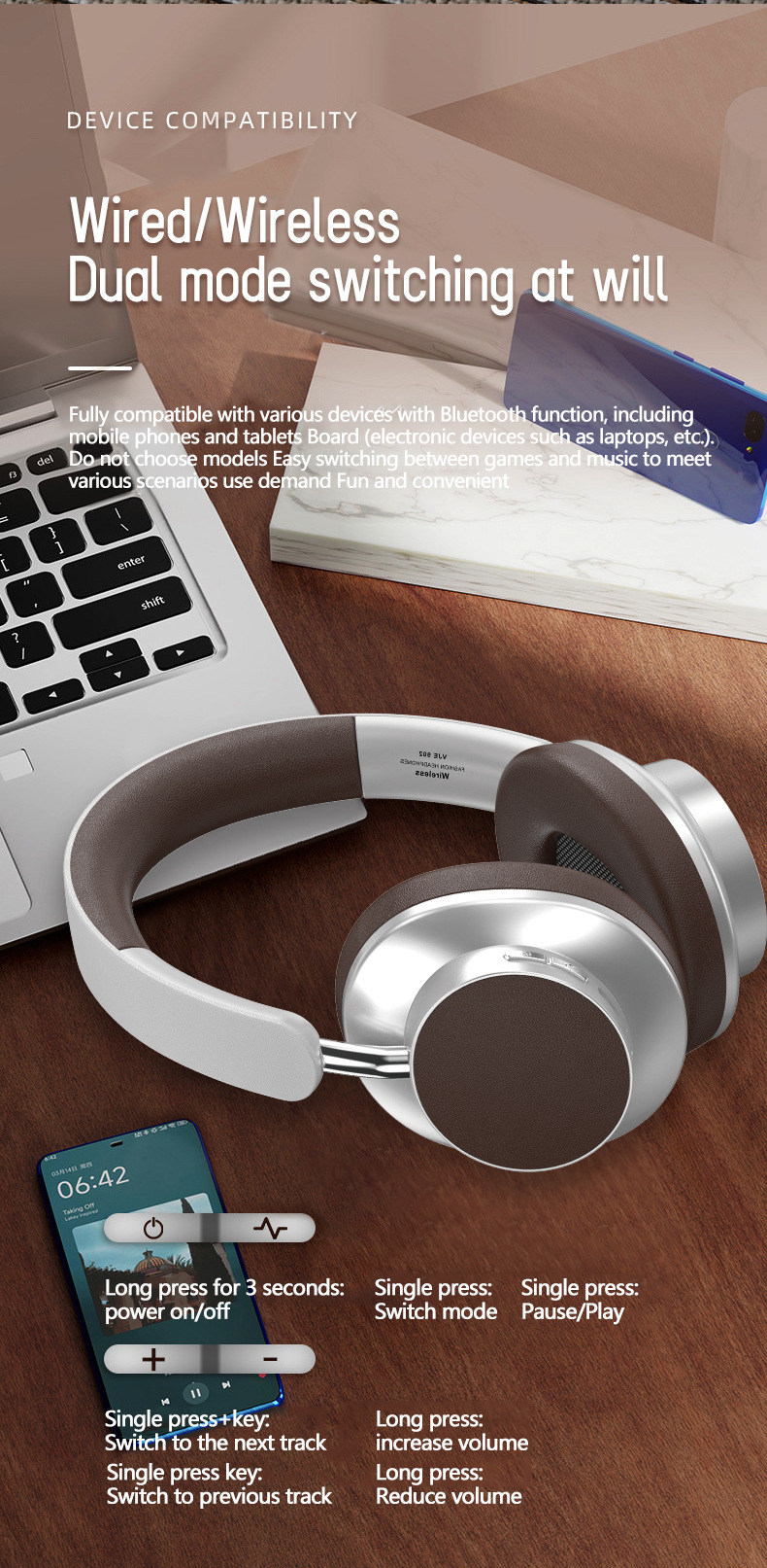 Wireless Retro Color Matching Headset Bluetooth Leather Painted Surface Sports Headset_voghion.com