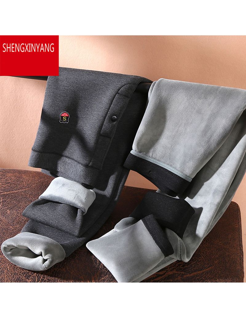 Calças quentes masculinas com roupa íntima de lã, calças justas de algodão com cintura alta e lã, leggings essenciais para o outono e inverno_voghion.com