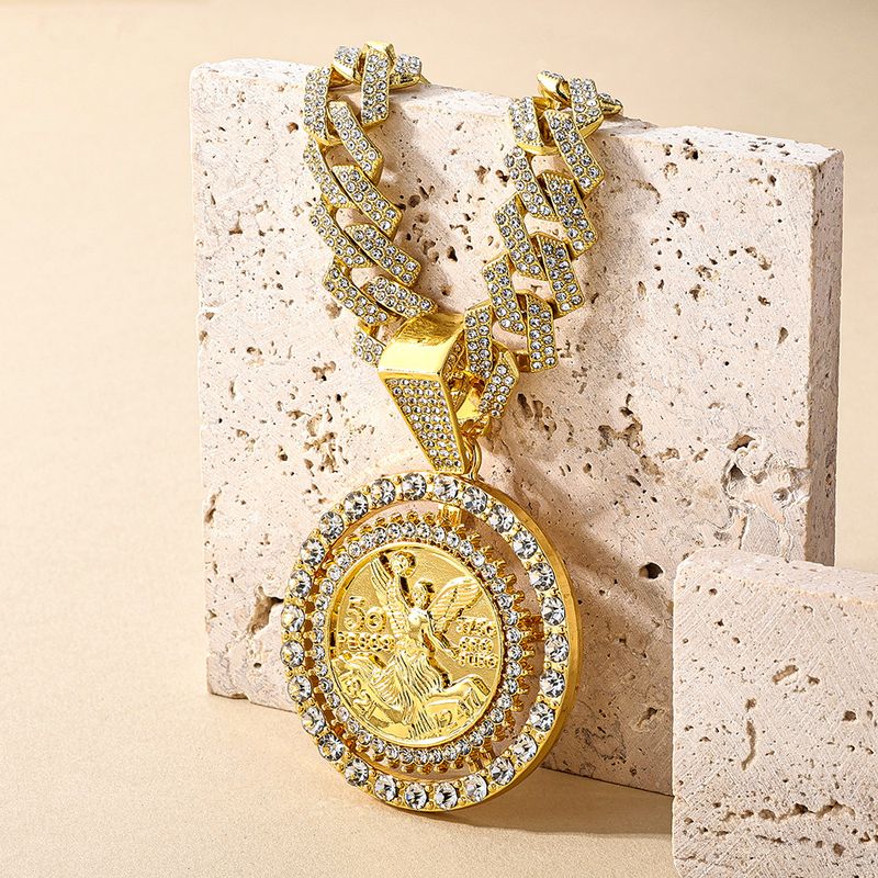 Collana con ciondolo a forma di angelo girevole hip hop per uomo e donna - Catena cubana da 18" con ciondolo religioso rotante e dettagli in strass (oro)_voghion.com