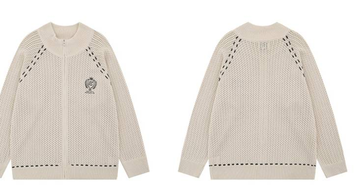Retro Embroidered Baseball Jacket, Open-Knit Drop Shoulder Zip-Up Cardigan In Beige & Black – Unisex Vintage Streetwear_voghion.com