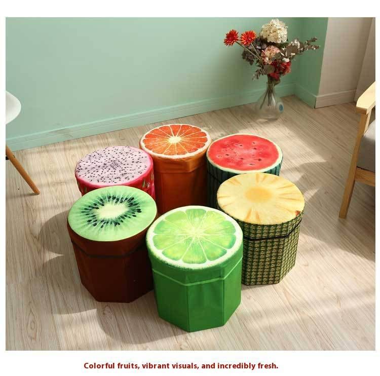 Foldable Fabric Storage Stool - Multi-Fruit & Tree Stump Design, 100kg Capacity, Space-Saving Kids Seat (29x30cm)_voghion.com