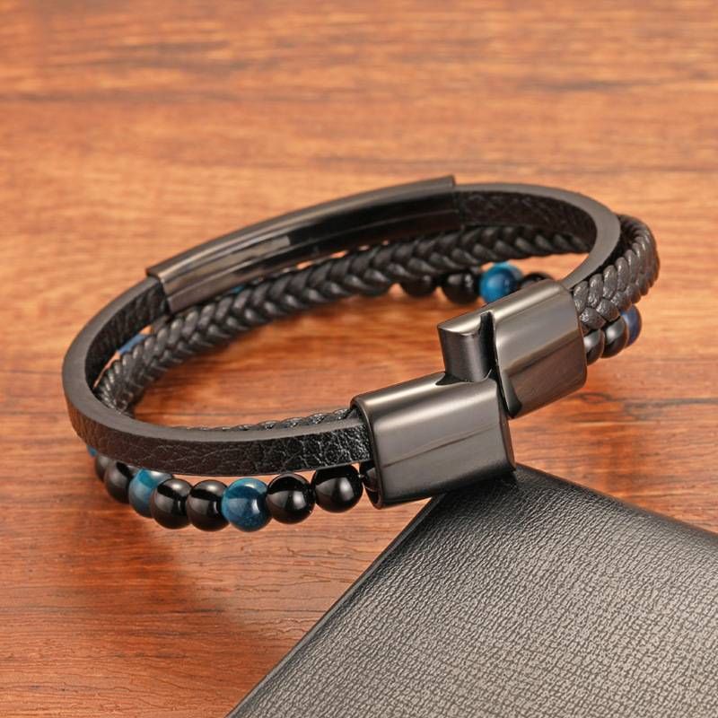 Men's Braided Multi-Layer Black Genuine Leather Bracelet With Natural Tiger Eye Stone, Magnetic Closure, Handcrafted Chain Link Cuff_voghion.com
