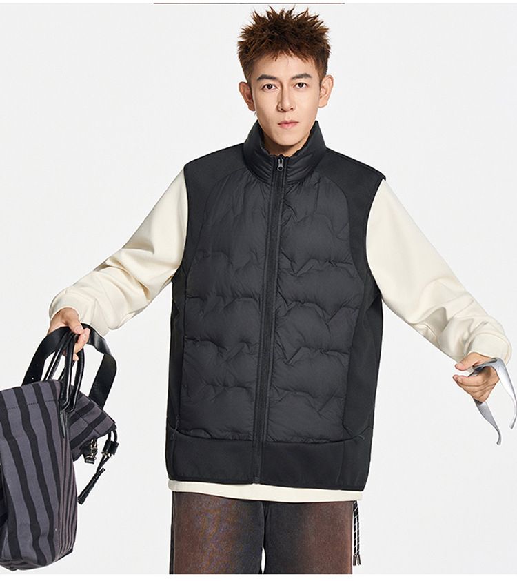 Herren-Daunenweste in schmaler Passform – Leicht und warm, Stehkragen, Schwarz/Grau/Beige, S-3XL_voghion.com