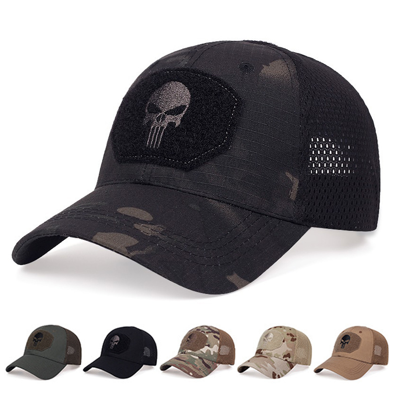 Baseball tattico da uomo con motivo a teschio con mimetica, cappellini snapback in rete traspirante stile militare alpinismo_voghion.com