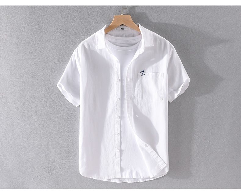 Camicia a maniche corte in lino e cotone da uomo, casual ed estiva, fresca e versatile, alla moda, per ragazzi._voghion.com