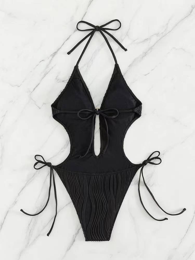 Women's fashionable bikini solid color drawstring adjustable pit stripe fabric one piece swimsuit_voghion.com