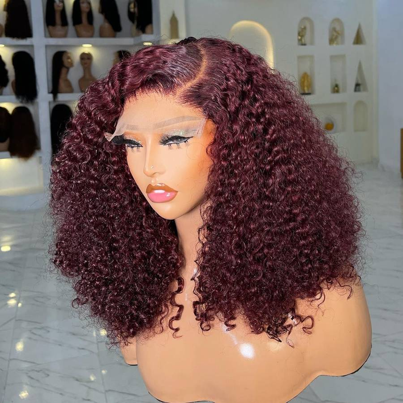 Peluca de cabello humano con ondas profundas y corte bob corto color burdeos 99J, peluca frontal de encaje transparente de 13x4, peluca rizada Remy de color rojo_voghion.com