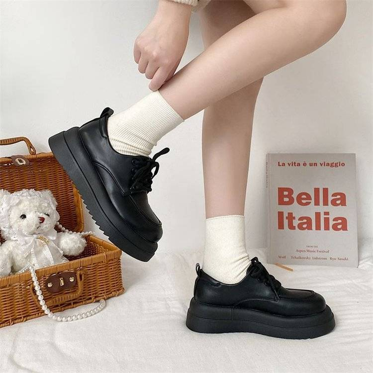 Women's Small Round-headed Leather Shoes With Thick-bottom Pine Cakes, 20 White British Style With Lace-up Japanese Style._voghion.com