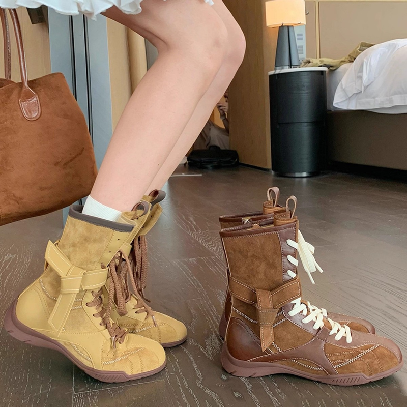 Designer Retro Insole Height-increasing Boxing Boots For Women 2025 New Autumn Flat Brown Ankle Boots With Laced Matte Leather Dr. Martens Boots_voghion.com