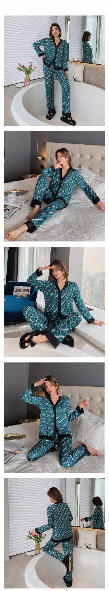 Unterwäsche & Nachtwäsche Pyjama-Set aus Eisseide, langärmliger V-Ausschnitt, vorne offener Bademantel, weiche, satinartige Loungewear mit Reverskragen – leicht und atmungsaktiv_voghion.com