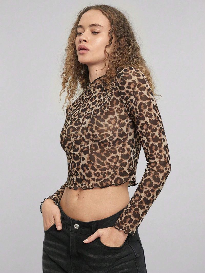 Women's Clothing Elegant Women's Mesh Leopard Print Stand Collar Long Sleeve Cropped T-Shirt – Stylish & Comfortable Fit_voghion.com
