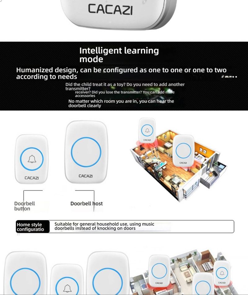 Wireless Doorbell With 38 Melodies, 110-220V Voltage, 10-50M Range - Black/White (1 Receiver + 1 Transmitter)_voghion.com