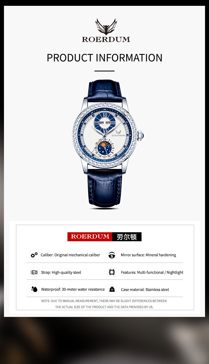ROERDUM Legendary Master Waterproof Automatic Mechanical Movement Leather Strap Men's Watch Blue Dial Fashionable And Versatile For Any Occasion_voghion.com