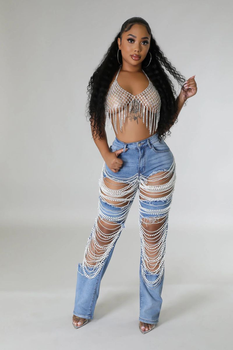 Women's Clothing Hot Girl Summer Pants Holes Heavy Beaded Beaded Stretch Jeans Trousers Women Jeans_voghion.com