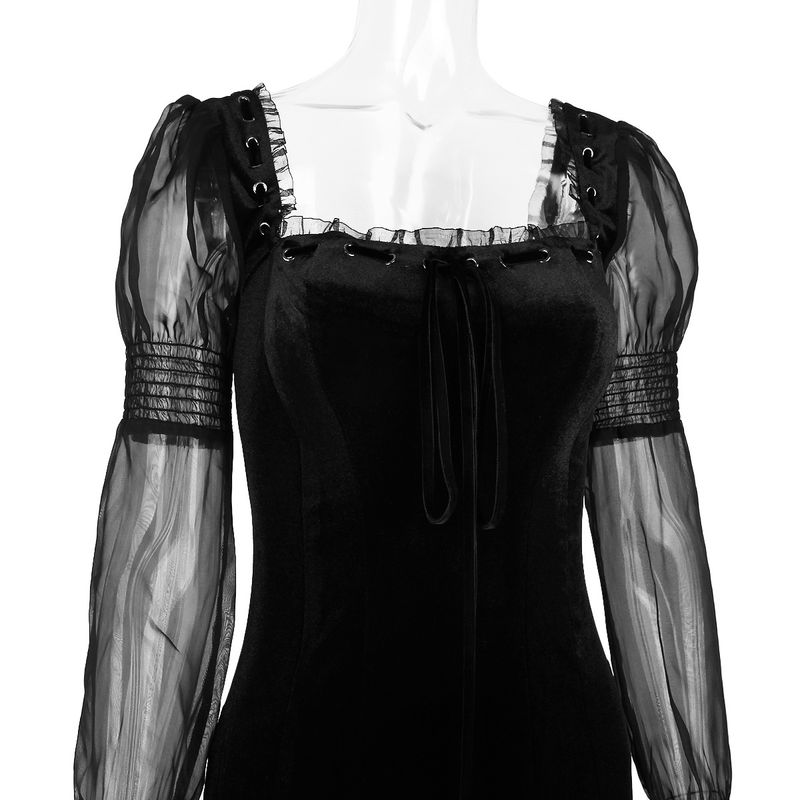Women's square neck long sleeve slim-fit hip wrap backless black velvet dress_voghion.com