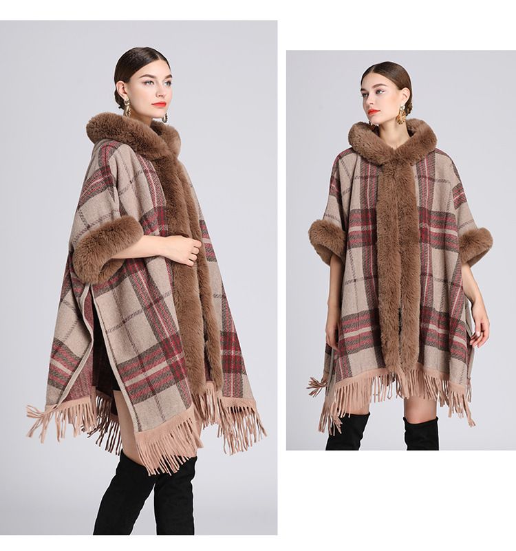 Femmes quand col de fourrure de renard manteau de laine moyen long tempérament cape cape manteau_voghion.com