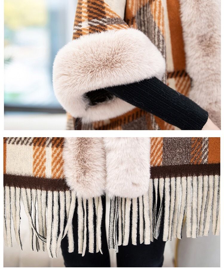 Cappotto maglione cardigan da donna di grandi dimensioni con colletto in lana scozzese sciolto con nappe lavorate a maglia, mantella con scialle_voghion.com