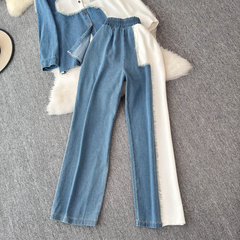 Damenbekleidung Designer-Jeanshemd mit Revers und Patchwork-Muster, langärmeliges Oberteil, Anzug für Frauen, hohe Taille, schmale, farblich passende Hose mit weitem Bein, zweiteiliger Anzug_voghion.com