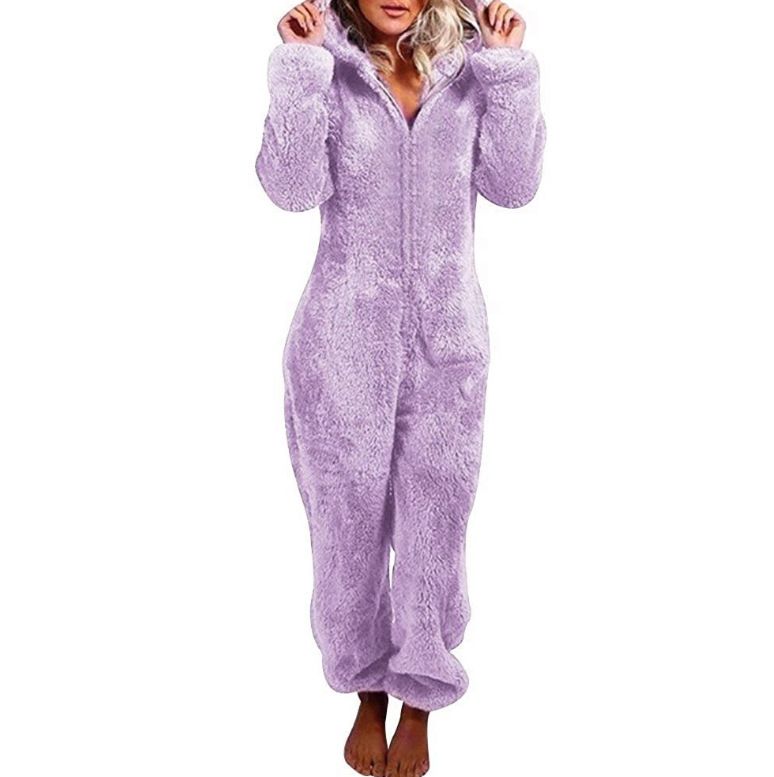 Women's Autumn And Winter Fleece Thickened Fluffy Jumpsuit Home Hooded Bear Pajamas_voghion.com