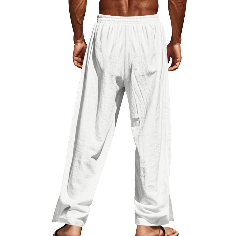 Men's Cotton Linen Autumn Drawstring Elastic Waist Side Buckle Solid Color Breathable Comfortable Casual Pants_voghion.com