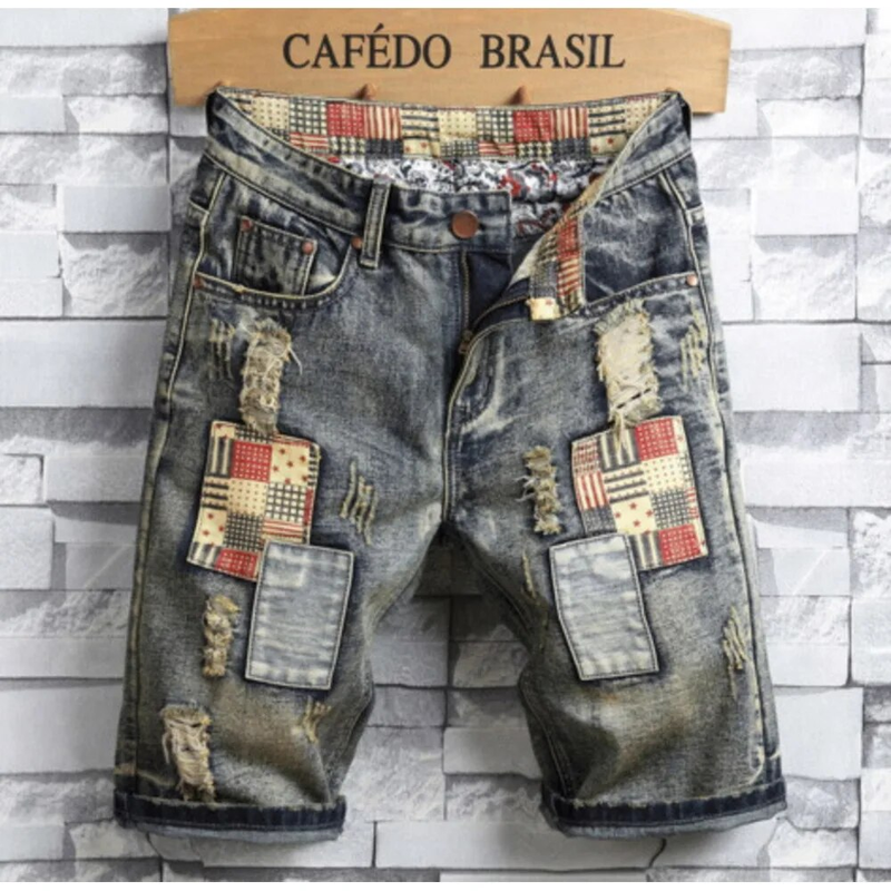 Perforierte, gepatchte Five-Point-Jeans für Herren im Jahr 2024, trendige und personalisierte Mode-Shorts, vielseitige Pferdehosen_voghion.com