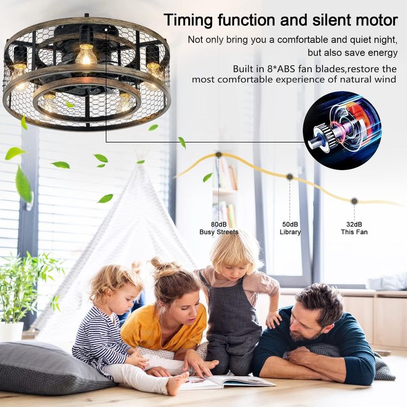 20 Inch Industrial Caged Ceiling Fan With 7-ABS Blades Remote Control, Small Ceiling Fan Reversible DC Motor - Black_voghion.com