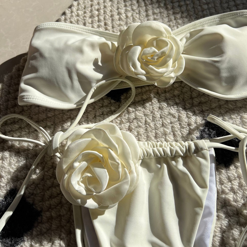 European And American New Solid Color Rose Tube Top Drawstring Split Swimsuit Bikini Bikini Cross Border_voghion.com