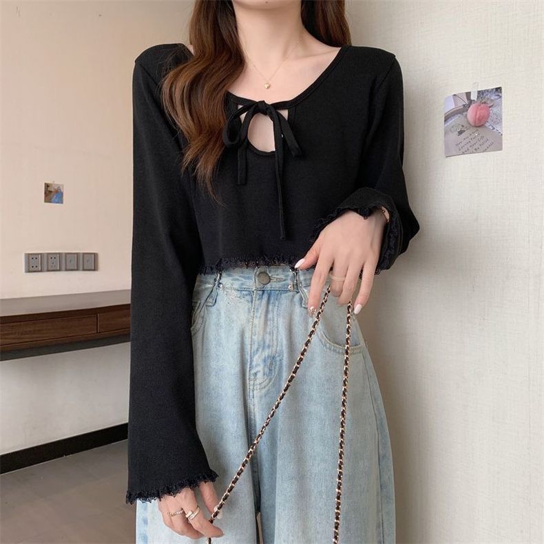 Elegant and lace V-neck long sleeved t-shirt for women, 2024 autumn new collection with strap design, niche slim fit top_voghion.com
