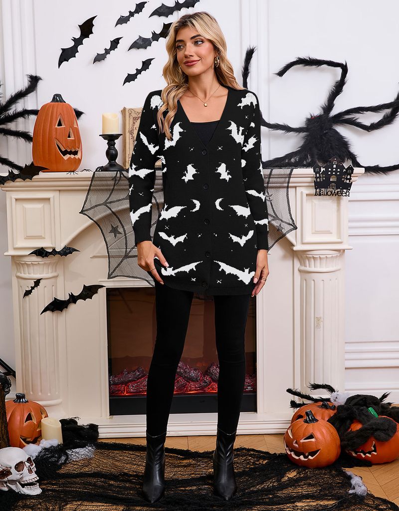 "2025 Halloween Y2K Cyber Bat Jacquard Duster Coat | Oversize Long Sleeve Cardigan | OEKO-TEX® Class II Certified | European Festival Streetwear"_voghion.com