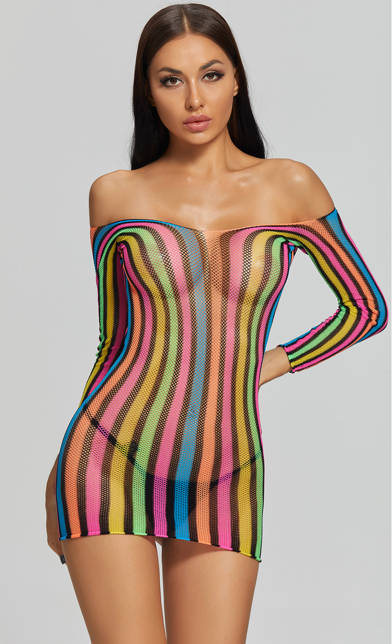 Yuedie Dessous Siebenfarbig Langarm Bodycon Einteiler Mesh Uniform Versuchung Sexy Kurzes Kleid 8919_voghion.com