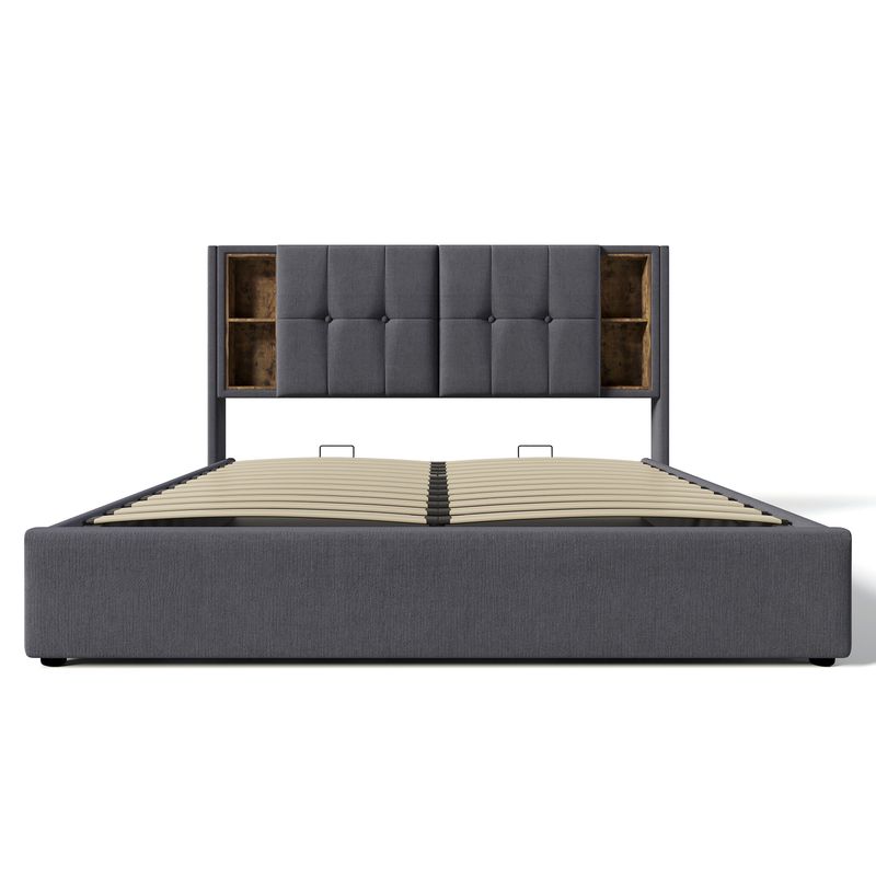Double avec câble de chargement et USB-C, tissu 140 x 200 cm, support avec support, bois de roseau, gris, tapis inclus_voghion.com