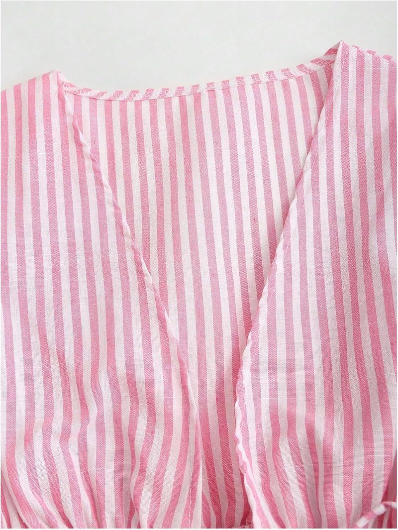 Women's Clothing Striped Front Tie Up Trumpet Sleeve Deep V Neck Elegant Ruffle Top_voghion.com