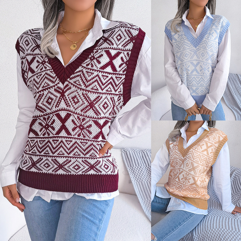 2023 Autumn And Winter Christmas Snowflake Pattern V-Neck Knitted Vest Sweater Women's Clothing_voghion.com