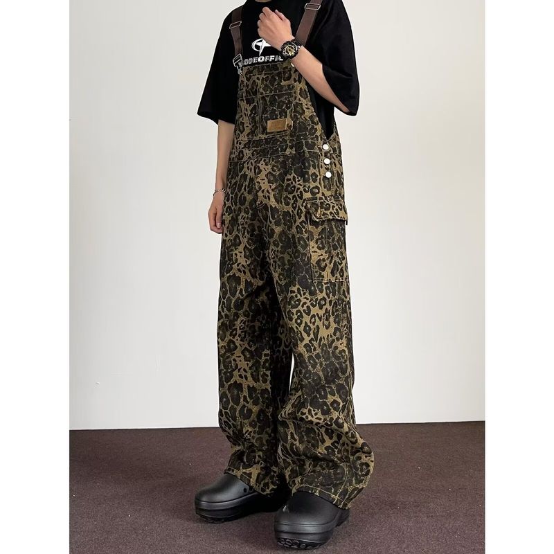 American High Street Leopard Print Denim Overalls For Men In Spring And Autumn, Loose Design, Niche Straight Wide Leg_voghion.com